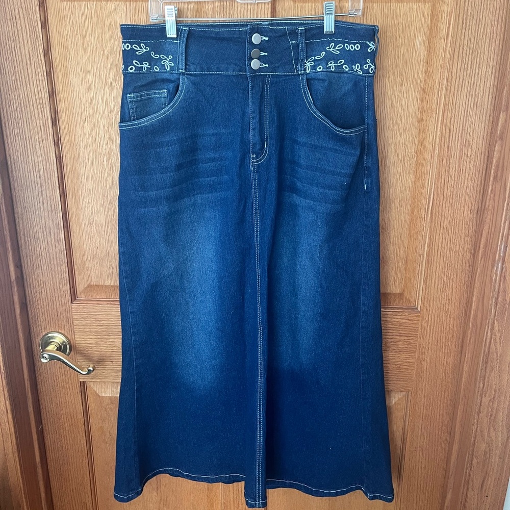 Embroidered Western Denim Maxi Skirt